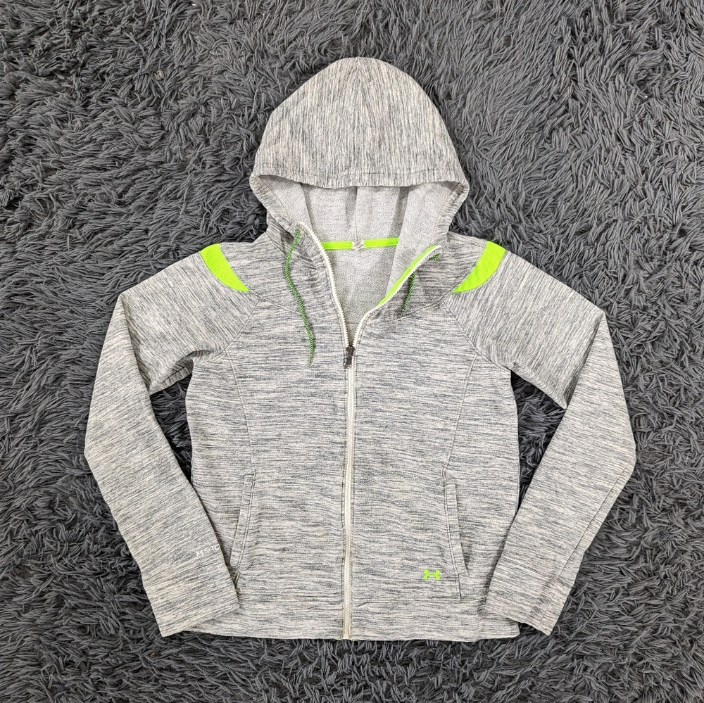 Under Armour Jacket Women's Medium Gray Neon Green Semi Fitted Hooded Storm